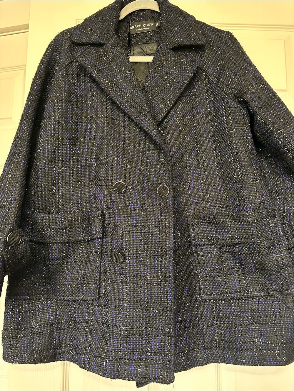 Grace Chow Black & Blue Tweed Double-Breasted Coat